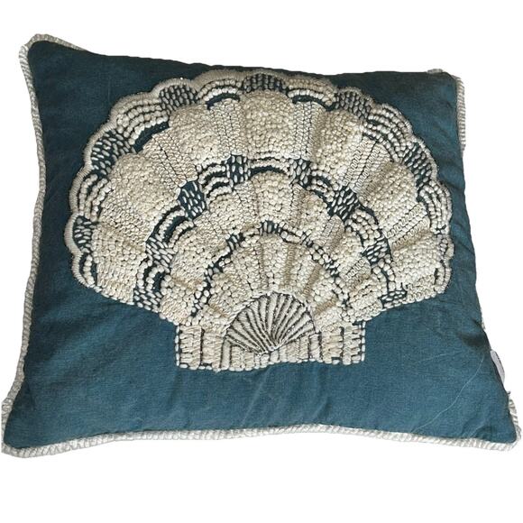 Coastal Collection Nautical Throw Pillow Woven Clam Shell Beaded 13” Blue White - Picture 1 of 13